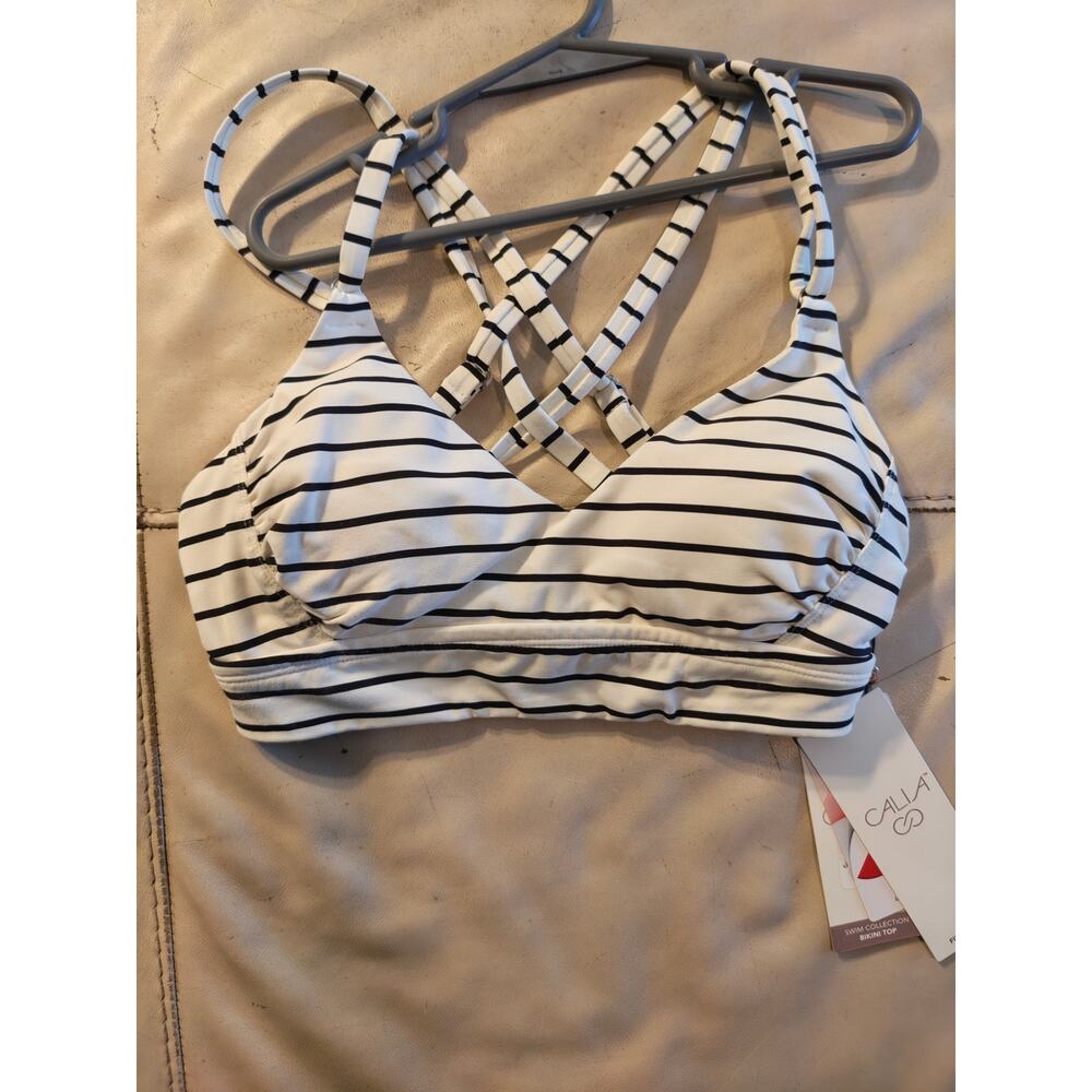 CALIA Strappy Back Bikini Top Ivory Stripe sz XS retail $58